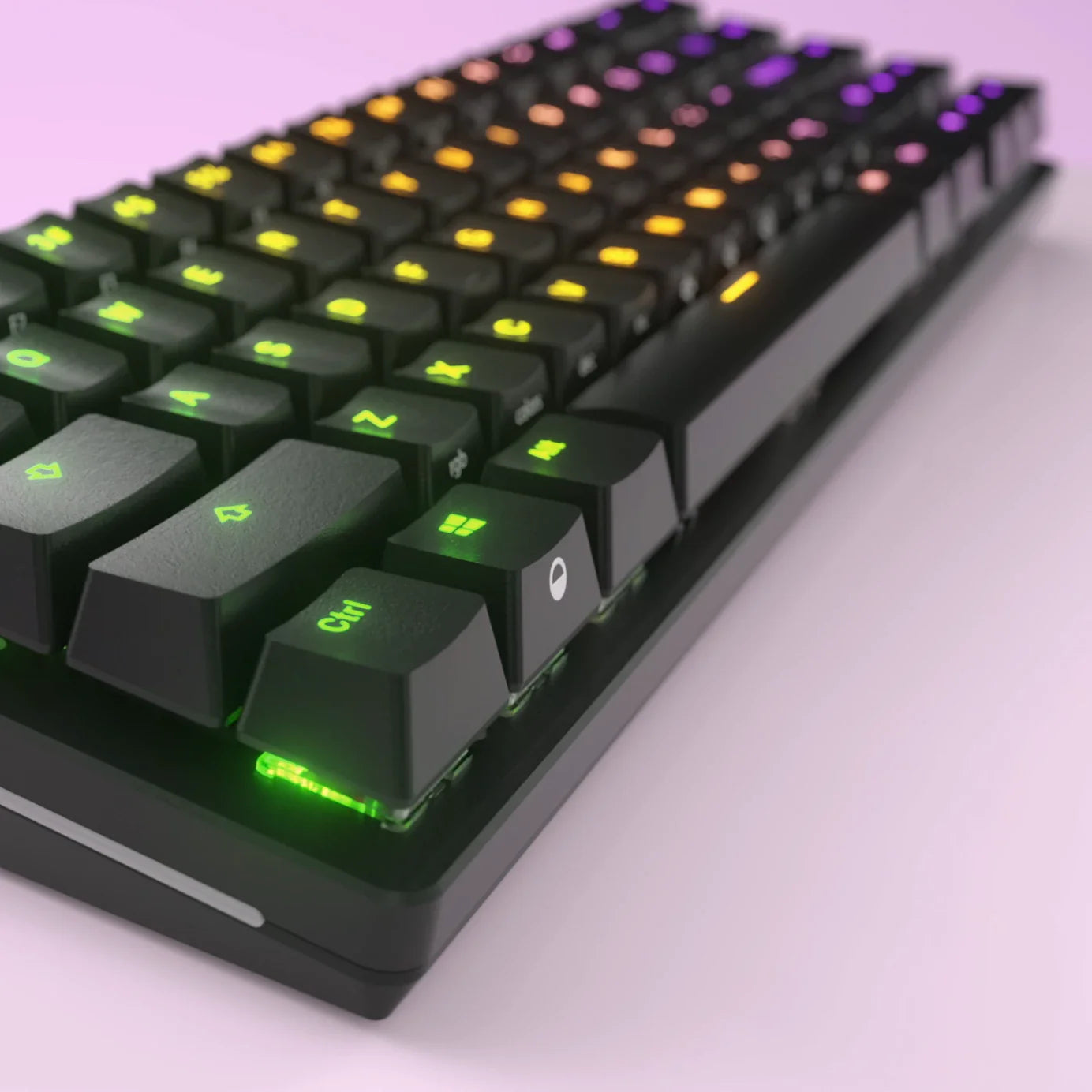 Close up of a prebuilt GMMK 2 keyboard with RGB lighting on
